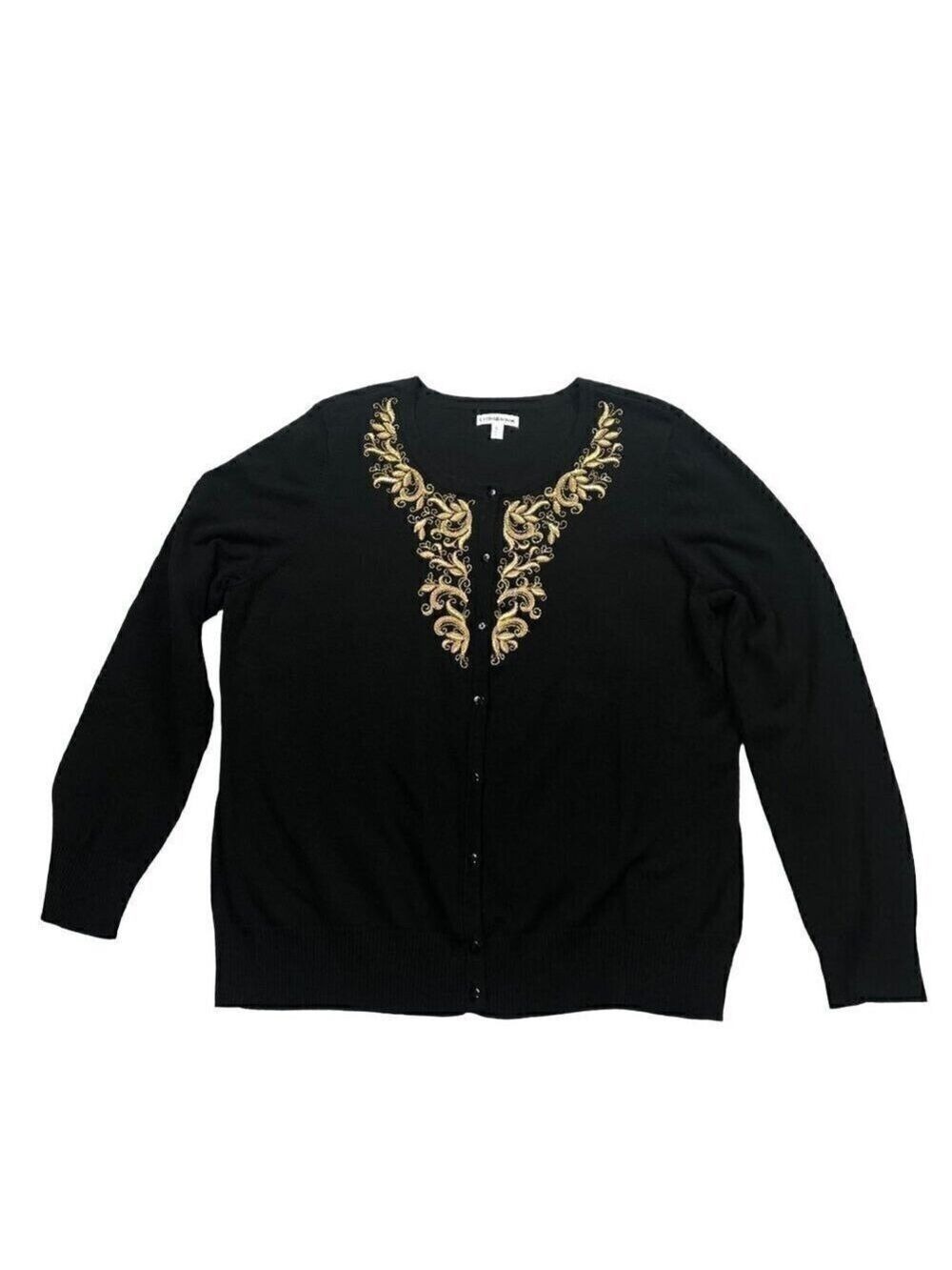 Croft & Barrow Black with Embroidered Gold Filigree Cardigan Sweater Size XL